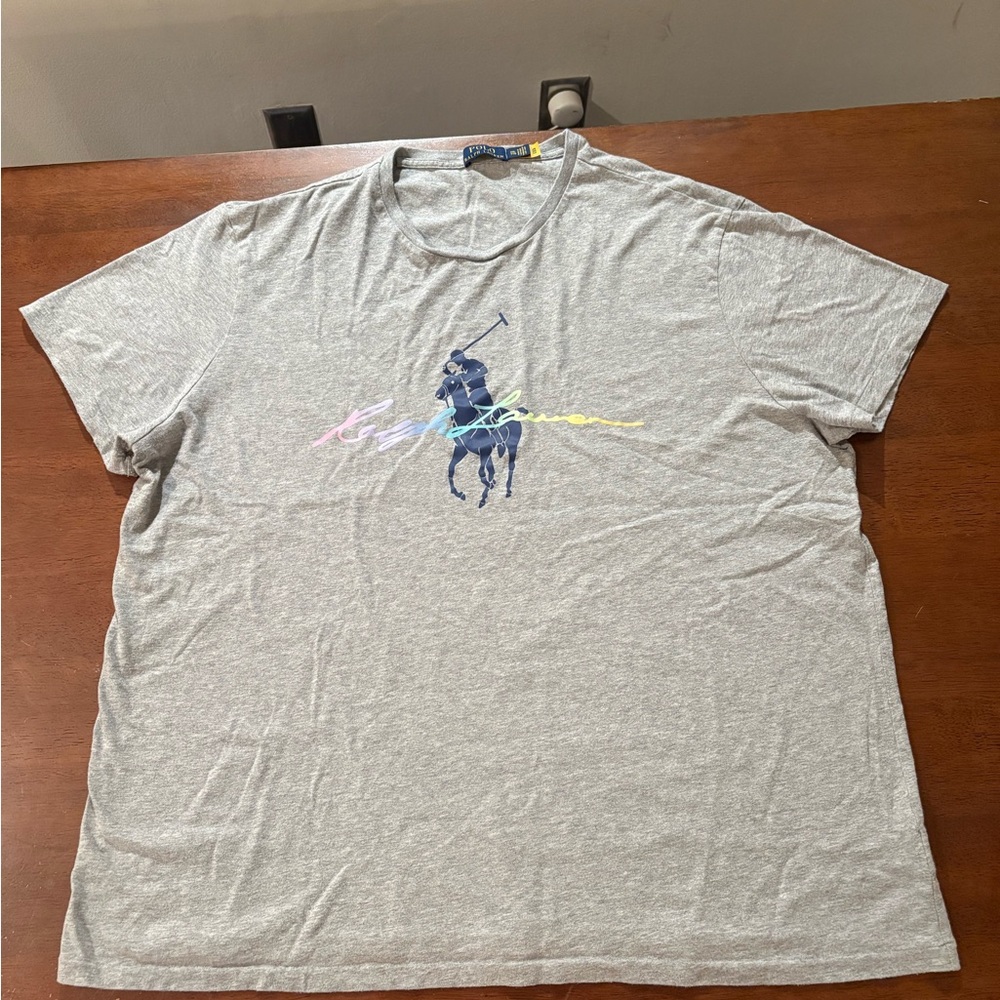 Ralph Lauren Gray Short Sleeve Polo Player Graphic Tee with Pastel Script
